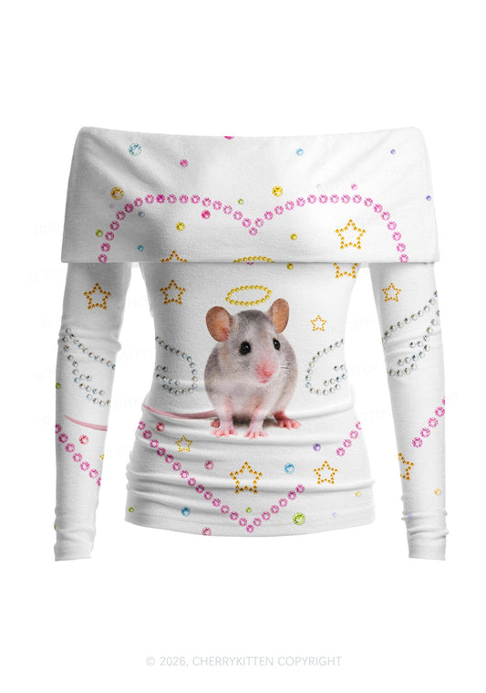Rhinestone Angel Rat Y2K Off Shoulder Fold Over Knit Top Cherrykitten