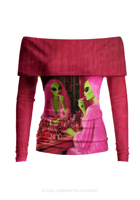 Pink Wig Makeup Alien Y2K Off Shoulder Fold Over Knit Top Cherrykitten