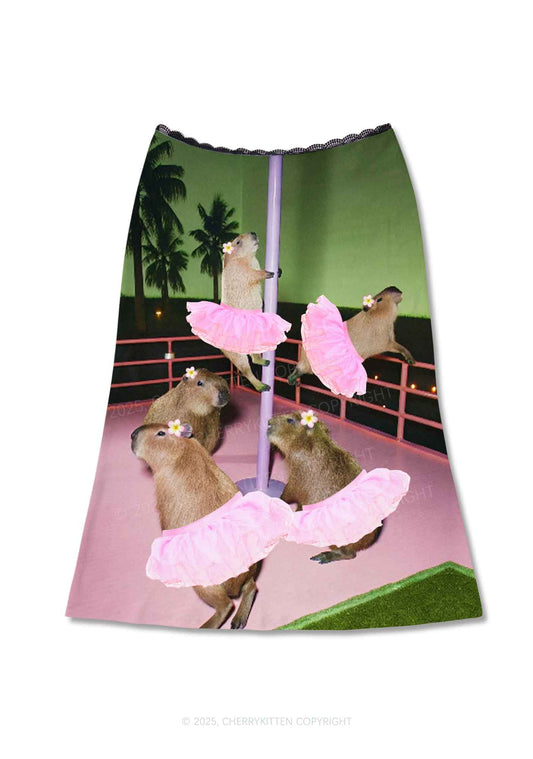Capybara Pole Dancers Y2K Print Midi Skirt Cherrykitten