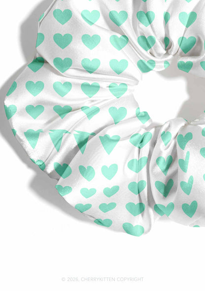 Mint Green Heart On White Y2K Hair Scrunchie Cherrykitten