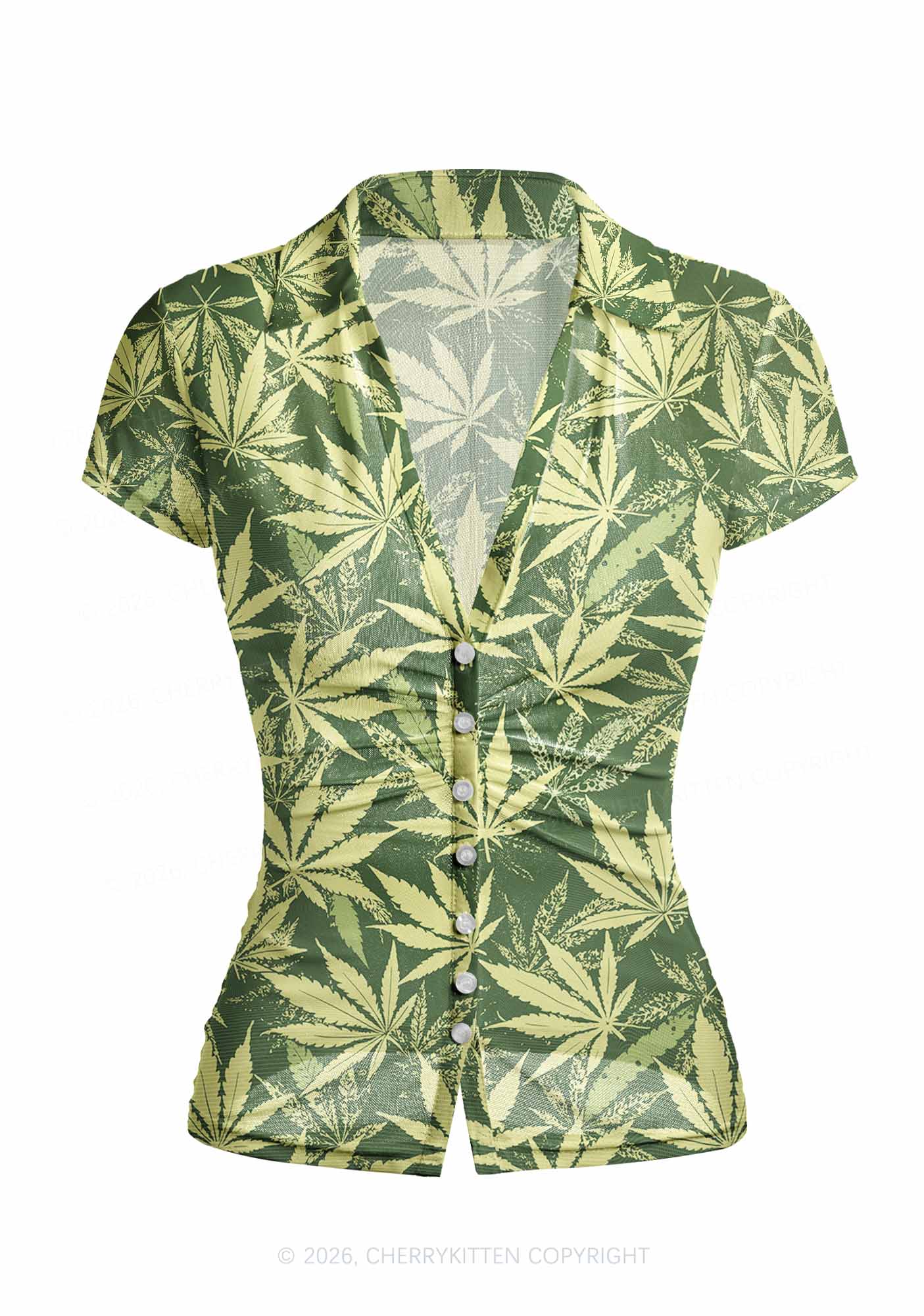 Green Wxxd Leaf Y2K Mesh Ruched  Waist  V Neck Top Cherrykitten