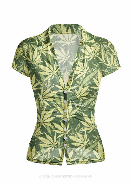 Green Wxxd Leaf Y2K Mesh Ruched  Waist  V Neck Top Cherrykitten