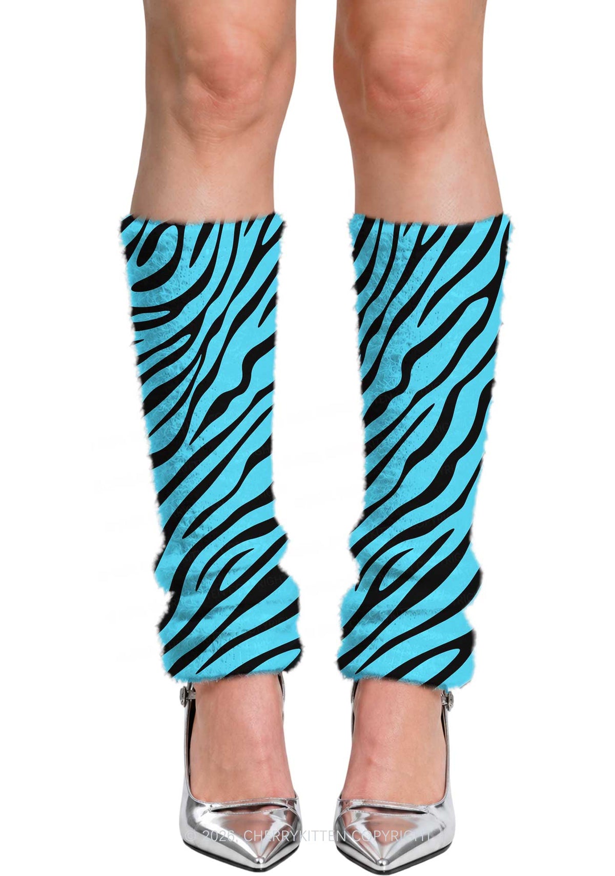 Mint Blue Zebra Stripe Y2K Print Fuzzy Straight Leg Warmers Cherrykitten