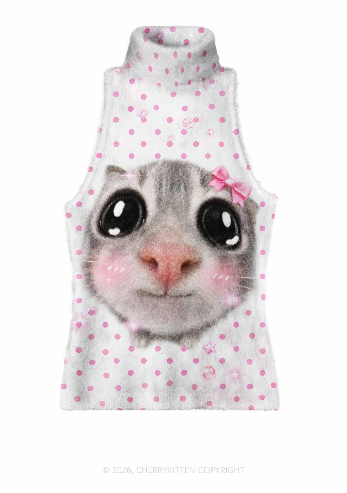 Pink Dots Bow Cat Y2K Knit Turtleneck Tank Top Cherrykitten