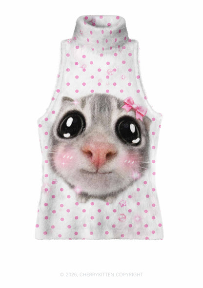 Pink Dots Bow Cat Y2K Knit Turtleneck Tank Top Cherrykitten