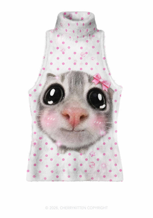Pink Dots Bow Cat Y2K Knit Turtleneck Tank Top Cherrykitten