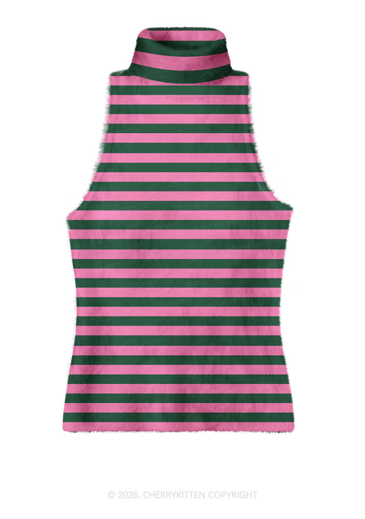 Pink Green Stripes Y2K Knit Turtleneck Tank Top Cherrykitten