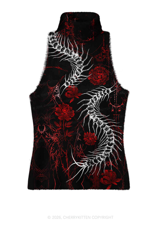Halloween Centipede Red Floral Y2K Knit Turtleneck Tank Top Cherrykitten