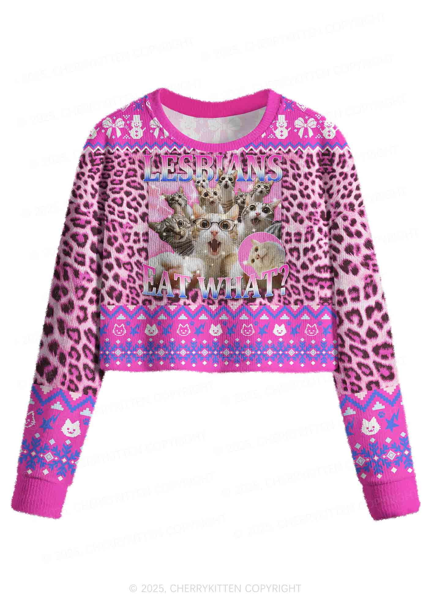 Lesbians Eat What Cat Pride Y2K Christmas Crop Knit Sweatshirt Cherrykitten