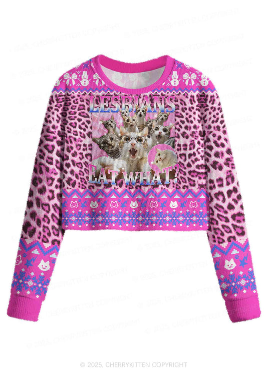 Lesbians Eat What Cat Pride Y2K Christmas Crop Knit Sweatshirt Cherrykitten