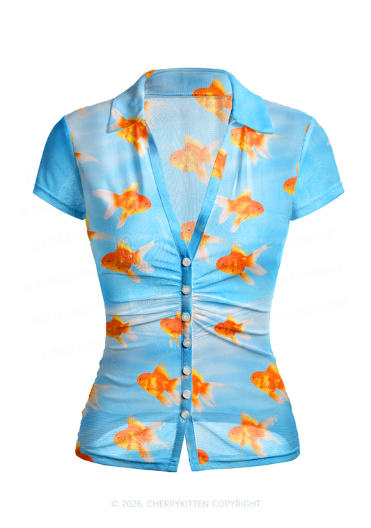 Goldfish Y2K Mesh Ruched Waist V Neck Top Cherrykitten
