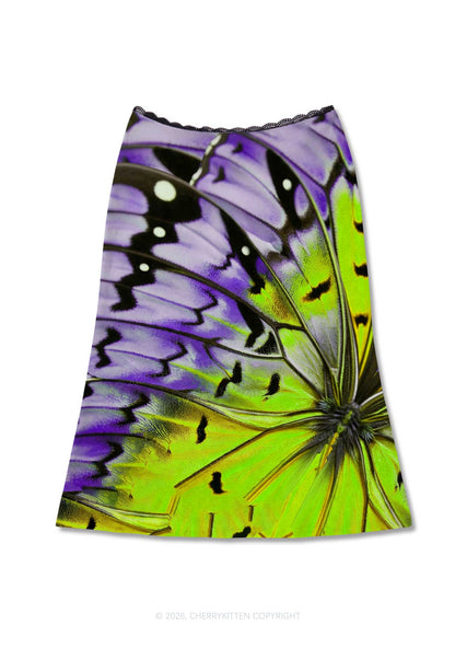 Purple Lime Butterfly Wing Y2K Print Midi Skirt Cherrykitten