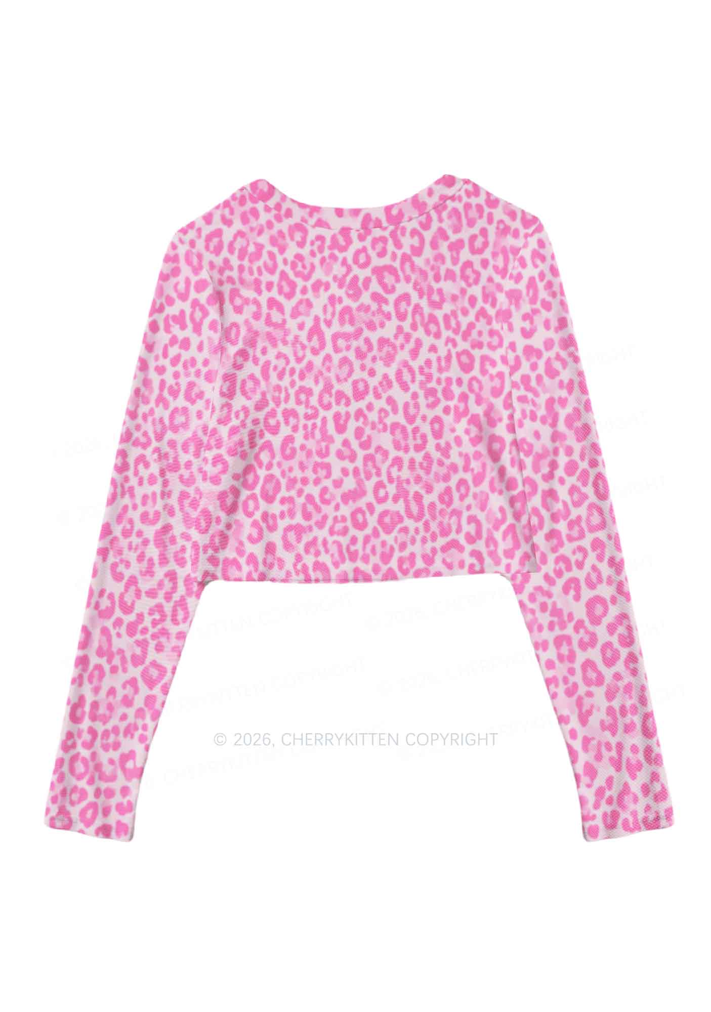 Pink Leopard Y2K Mesh Long Sleeve Crop Top Cherrykitten