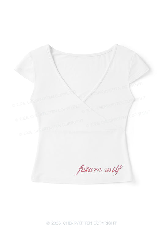 Rhinestone Future Mxxf Y2K Wrap V Neck T Shirts Cherrykitten