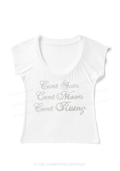 Rhinestone Sun Moon Rising Y2K V Neck T Shirts Cherrykitten