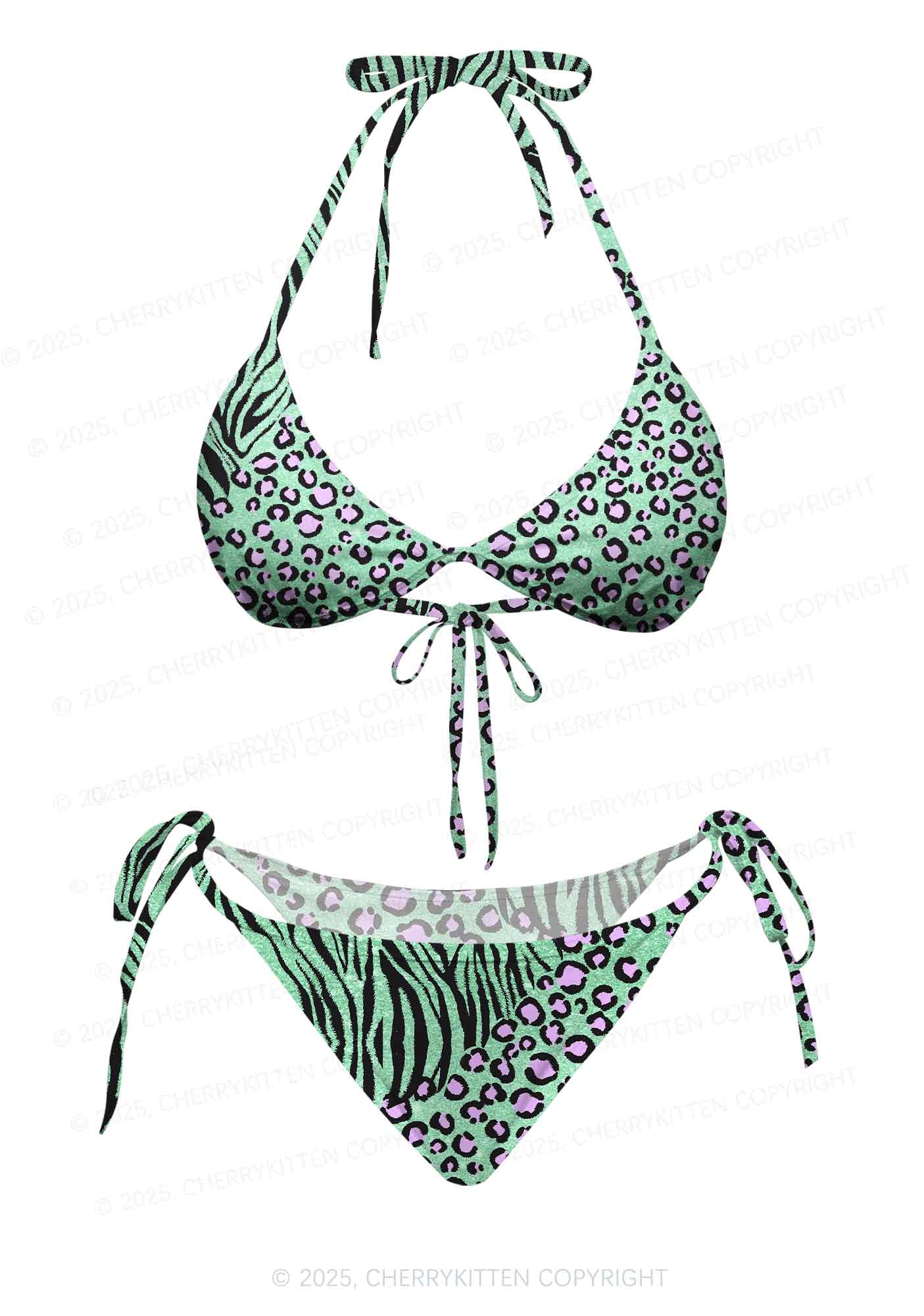 Green Zebra Pink Leopard Y2K Print Bikini Set Cherrykitten