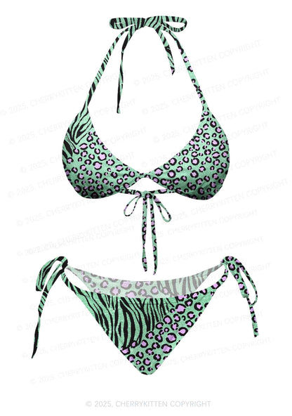 Green Zebra Pink Leopard Y2K Print Bikini Set Cherrykitten