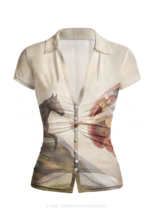 God Smoking Horse Y2K Mesh Ruched Waist V Neck Top Cherrykitten