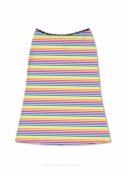 Rainbow Stripes Pride Y2K Print Midi Skirt Cherrykitten