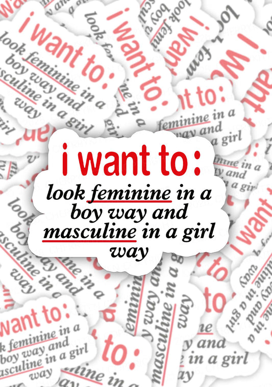 I Want To Feminine Masculine Pride 1pc Y2K Sticker Cherrykitten