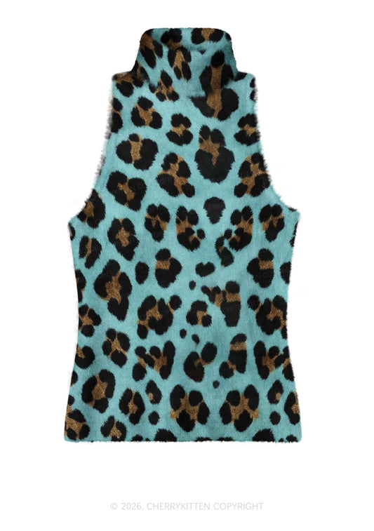 Mint Green Leopard Y2K Knit Turtleneck Tank Top Cherrykitten