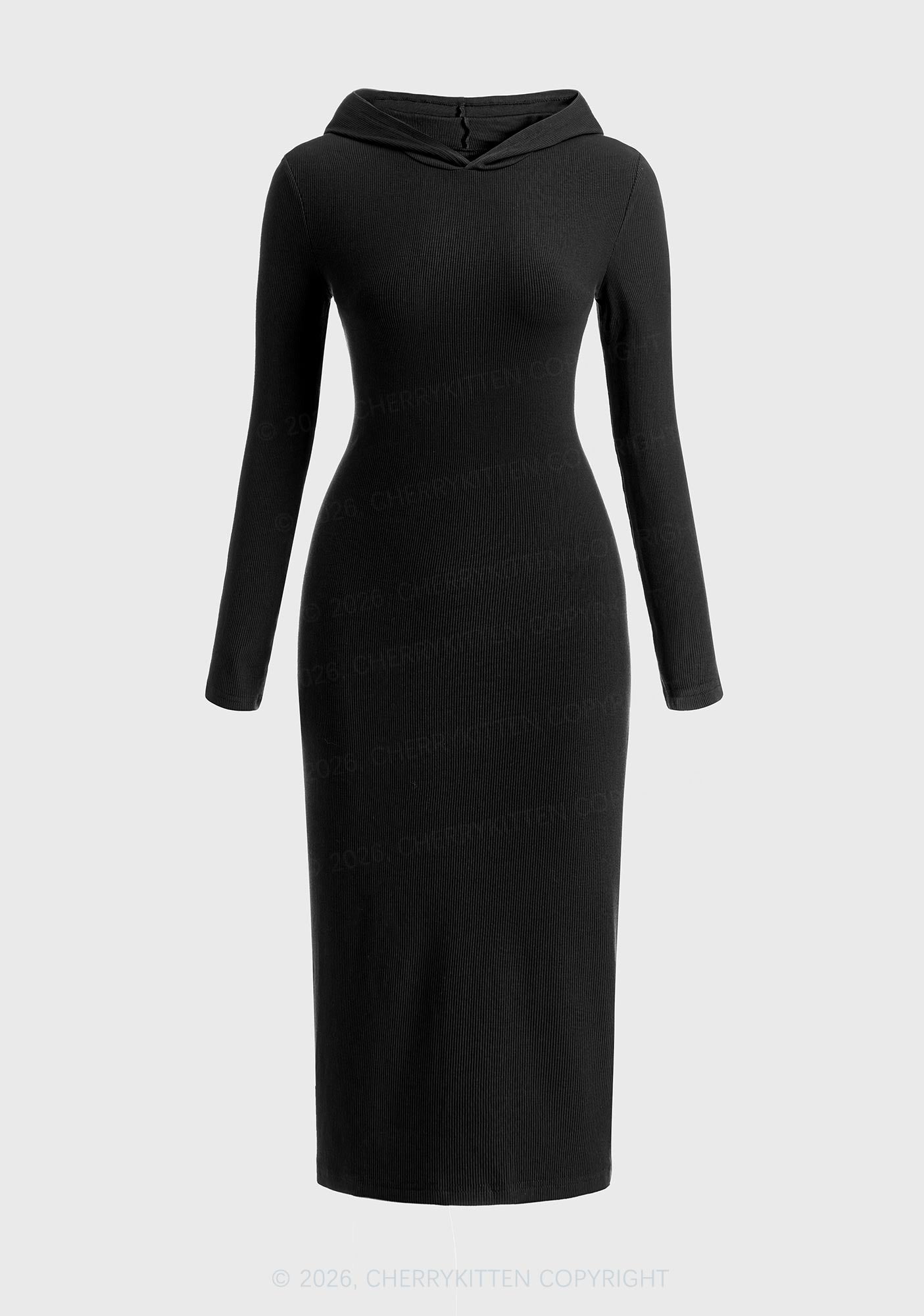 Plain Y2K Long Sleeve Knit Hoodie Dress Cherrykitten