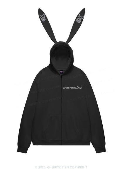 Rhinestone Maneater Skull Y2K Bunny Ear Zip Hoodie Cherrykitten