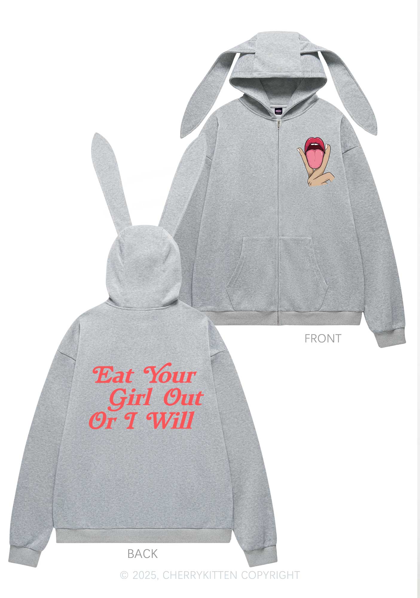 Eat Your Girl Out Pride Y2K Bunny Ear Zip Hoodie Cherrykitten