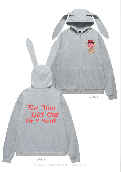 Eat Your Girl Out Pride Y2K Bunny Ear Zip Hoodie Cherrykitten
