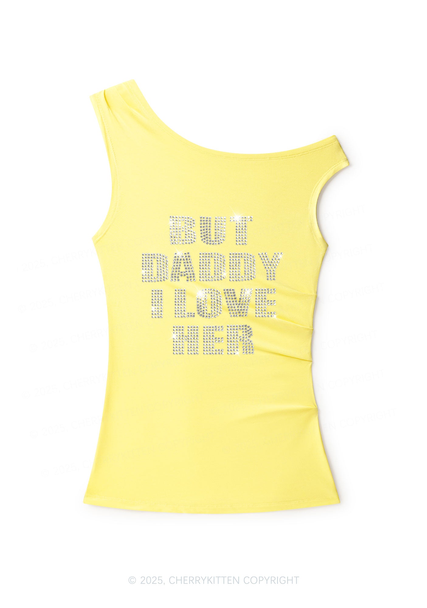 Rhinestone But Daddy I Love Her Pride Y2K Off Shoulder Tank Top Cherrykitten