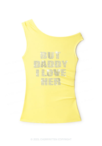 Rhinestone But Daddy I Love Her Pride Y2K Off Shoulder Tank Top Cherrykitten