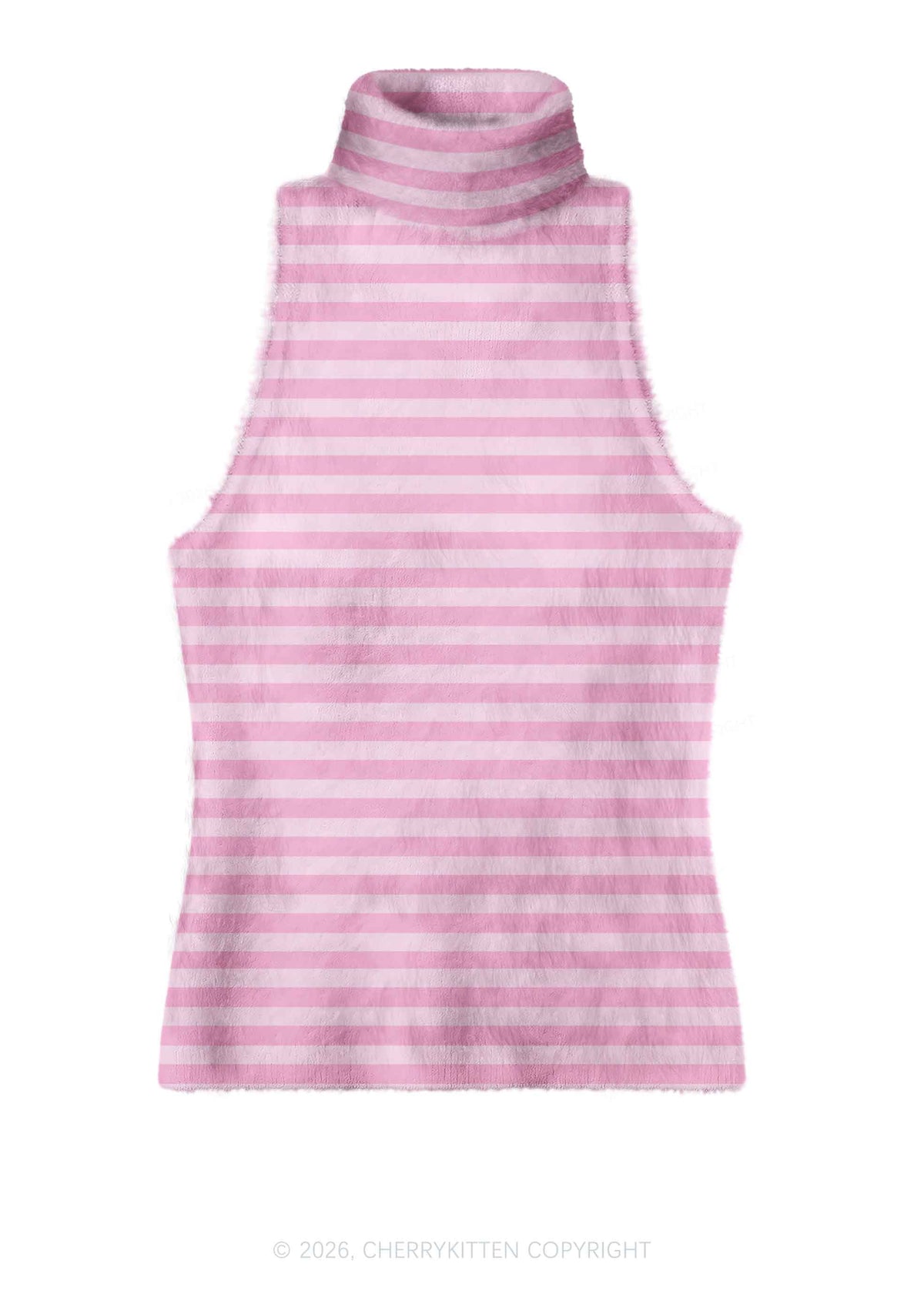 Light Pink White Stripes Y2K Knit Turtleneck Tank Top Cherrykitten