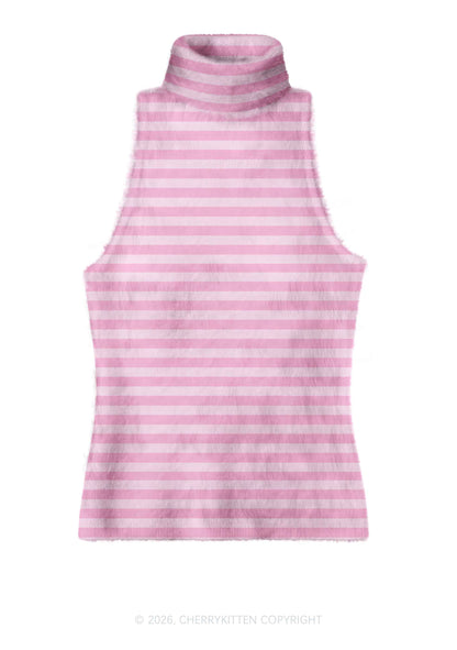Light Pink White Stripes Y2K Knit Turtleneck Tank Top Cherrykitten