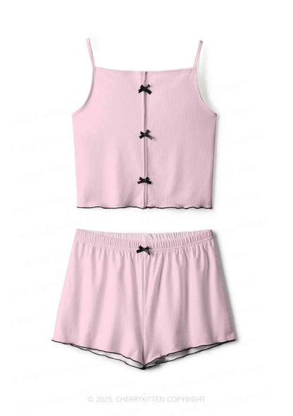 Plain Light Pink Y2K Print Cami Shorts Pajama Set Cherrykitten