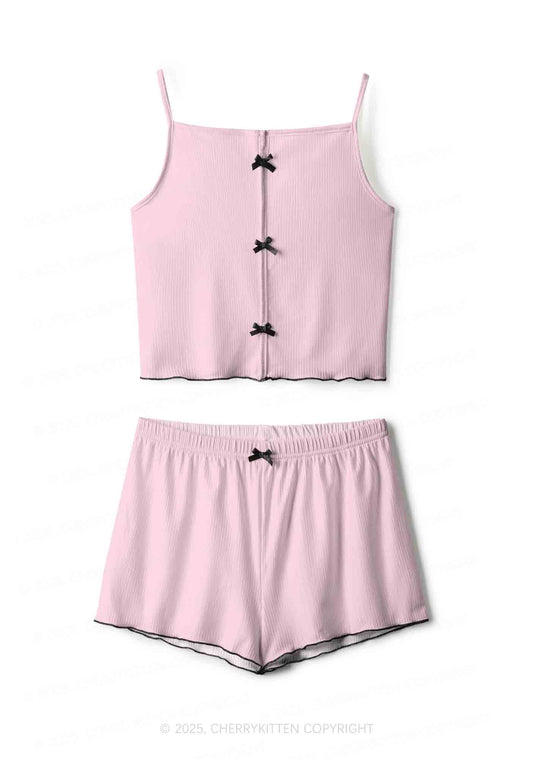 Plain Light Pink Y2K Print Cami Shorts Pajama Set Cherrykitten