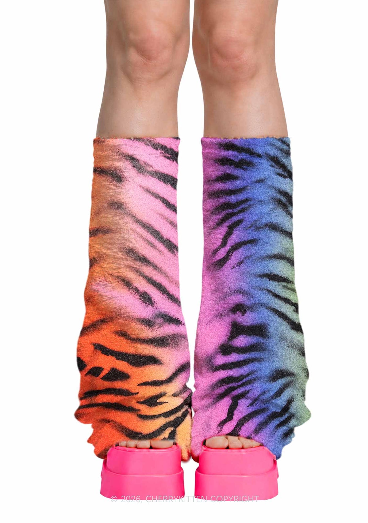 Rainbow Gradient Tiger Stripe Y2K Print Fuzzy Flared Leg Warmers Cherrykitten