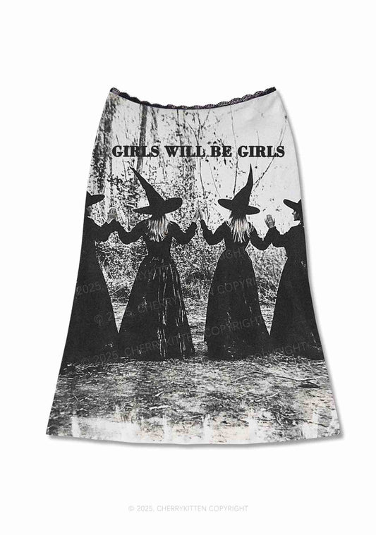 Halloween Girls Will Be Girls Y2K Print Midi Skirt Cherrykitten