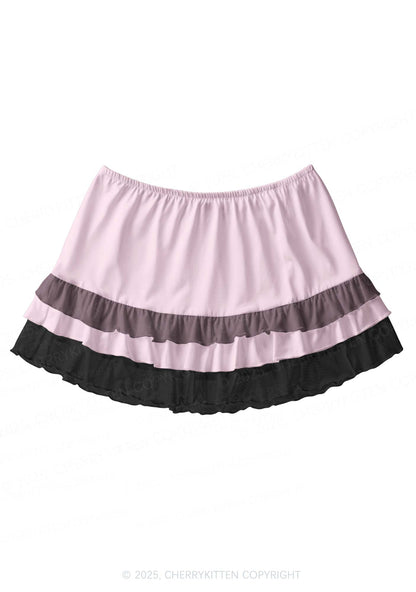 Plain Light Pink Y2K Print Mini Layered Skirt Cherrykitten