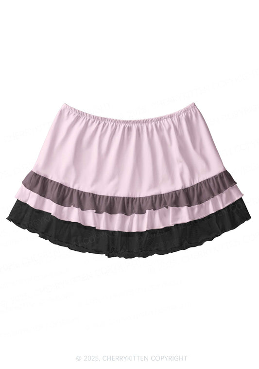 Plain Light Pink Y2K Print Mini Layered Skirt Cherrykitten