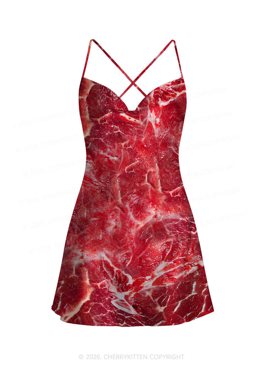 Beef Steak Texture Y2K Print Satin Cowl Neck Slip Dress Cherrykitten