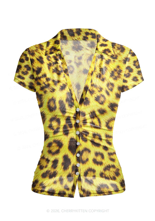 Yellow Leopard Y2K Mesh Ruched Waist V Neck Top Cherrykitten