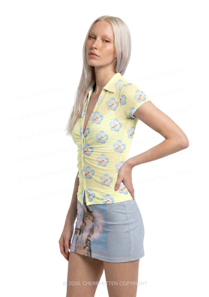 Pale Yellow Hibiscus Y2K Mesh Ruched  Waist  V Neck Top Cherrykitten