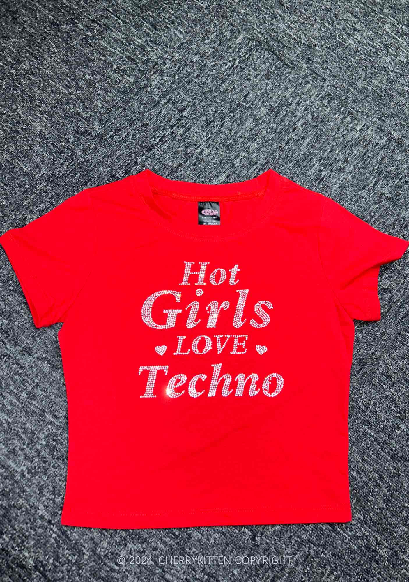 Rhinestone Hot Girls Love Techno Y2K Baby Tee Cherrykitten
