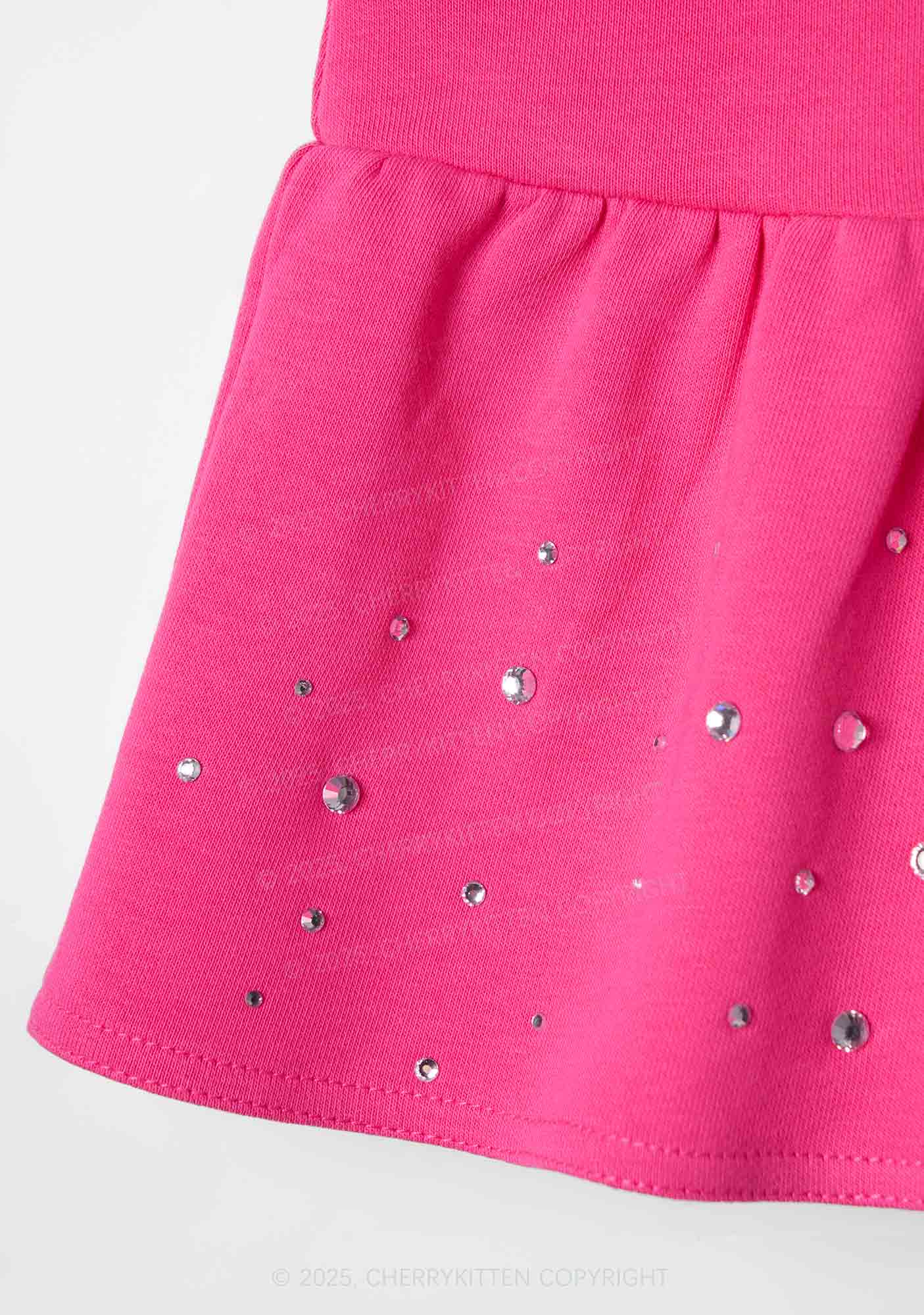 Plain Y2K Pink Ruffled Rhinestone Mini Skirt Cherrykitten