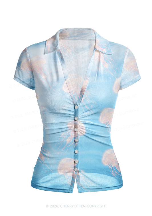 Pink Jellyfish Underwater Y2K Mesh Ruched Waist V Neck Top Cherrykitten
