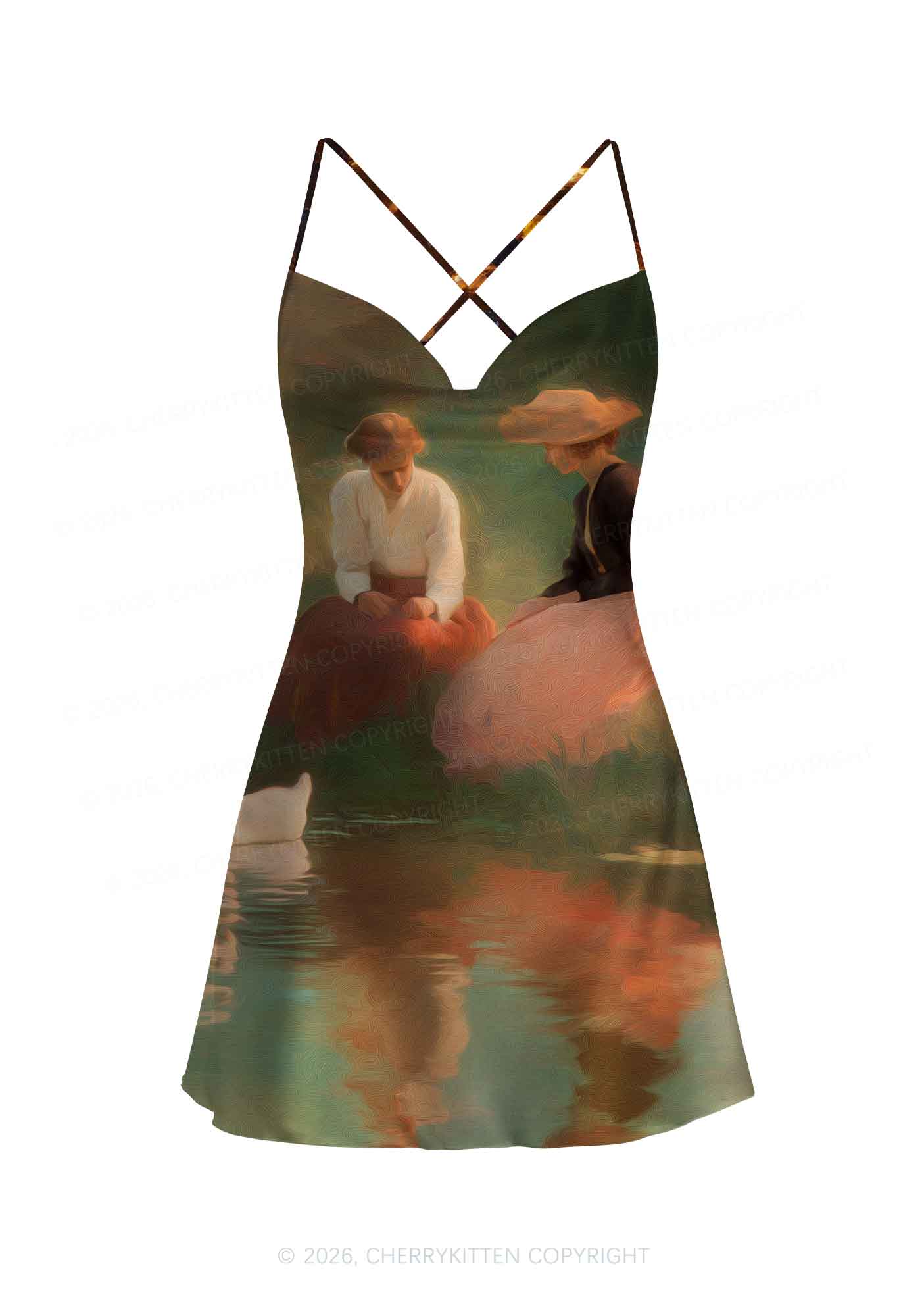 Girls Water Reflection Pride Y2K Print Satin Cowl Neck Slip Dress Cherrykitten