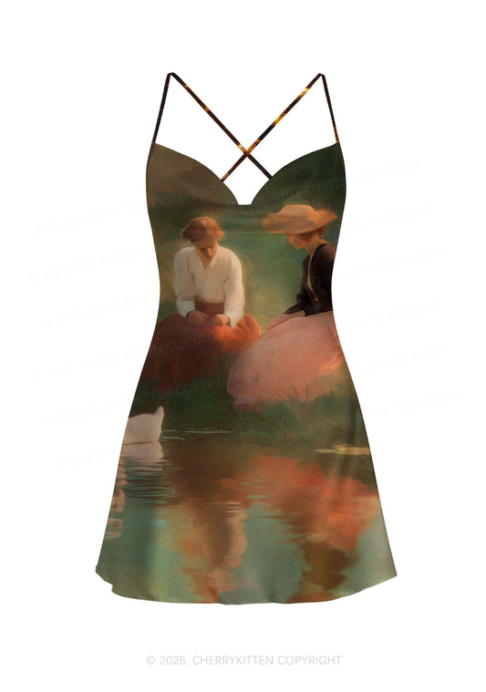 Girls Water Reflection Pride Y2K Print Satin Cowl Neck Slip Dress Cherrykitten