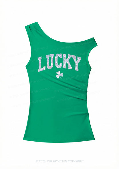 Glitter Lucky Shamrock St Patricks Y2K Off Shoulder Tank Top Cherrykitten