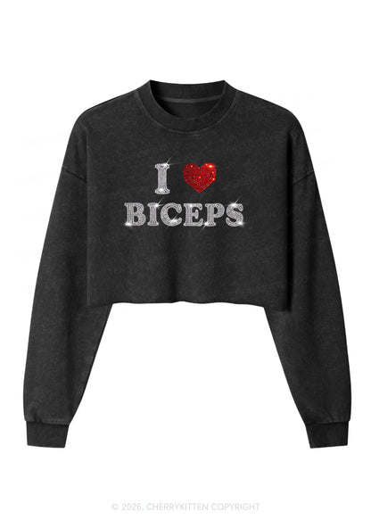 Rhinestone I Love Biceps Y2K Crop Washed Sweatshirts Cherrykitten
