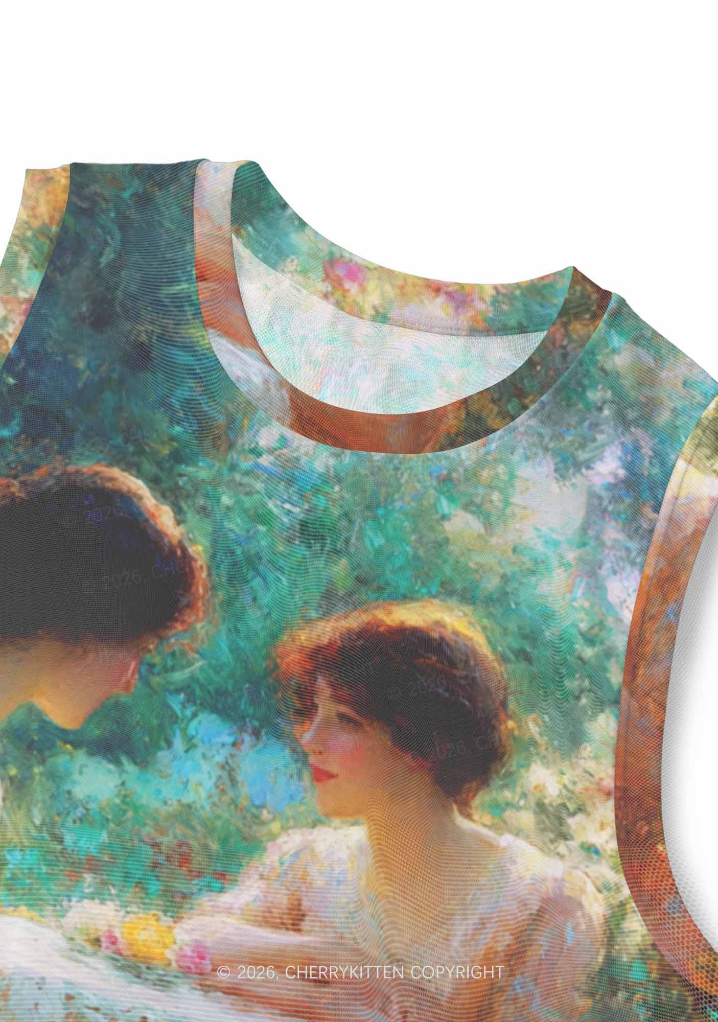 Garden Tea Scene Art Pride Y2K Mesh Muscle Tank Cherrykitten